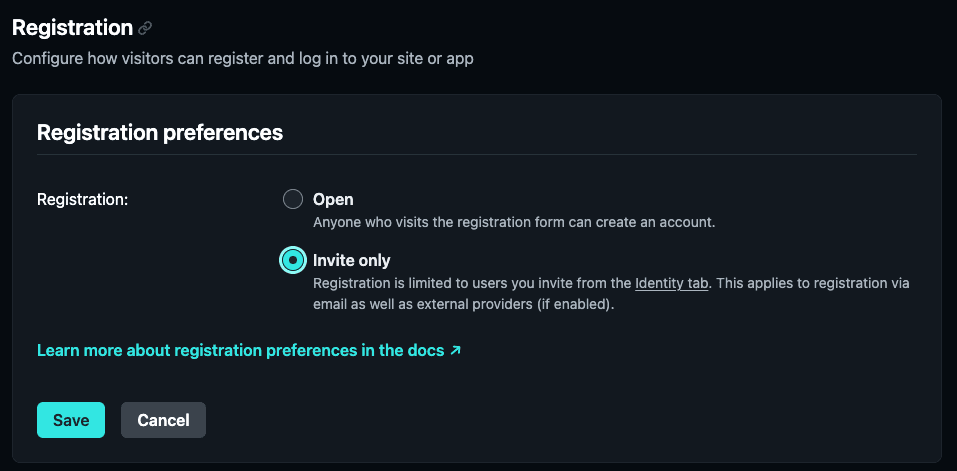 Netlify管理画面>Site Configuration>Identity>Registration